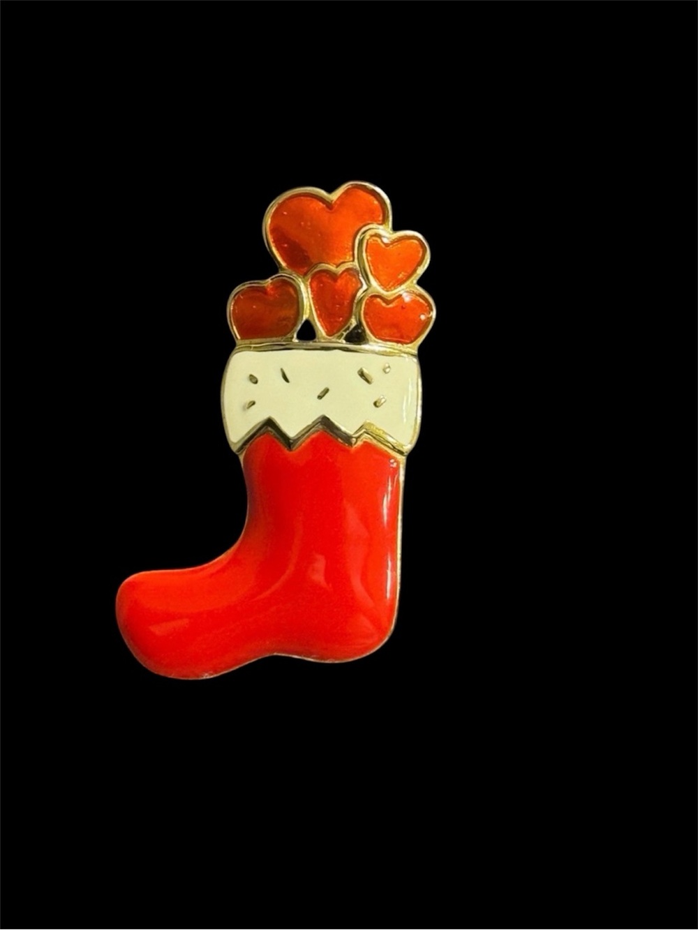 Pin/Brooch. Red and Gold Heart Stocking Pin. 1 in x 1/2 in. Excellent Condition